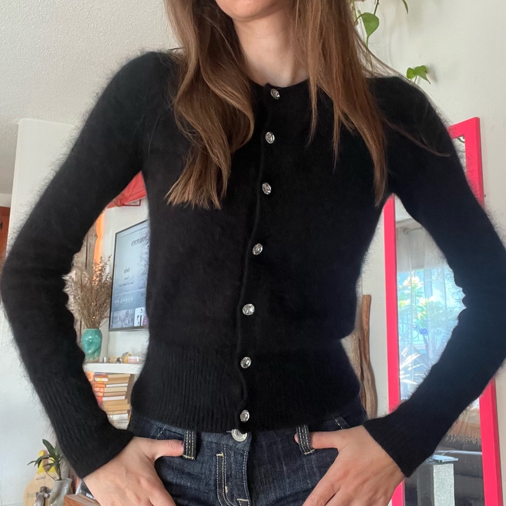 Black Button-Up Angora Knit Women's Sweater